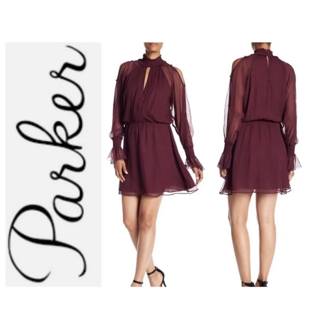 Parker Shelli Shirred Silk Dress in Wine Burgundy High Neck Size Medium